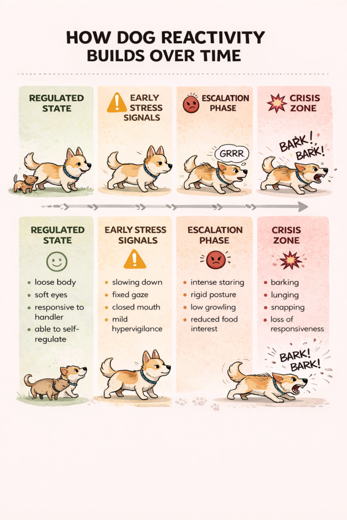 Educational infographic showing how dog reactivity signs build over time, displayed in four horizontal stages: regulated state, early stress signals, escalation phase, and crisis zone. Each stage features a corgi style dog illustration with clear body language changes, along with brief text describing behaviours such as relaxed posture, slowing down, intense staring, barking, lunging, and loss of responsiveness.